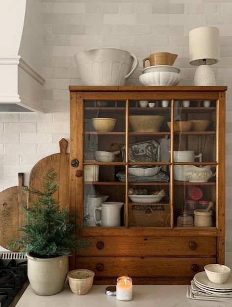 Rustic Kitchen Cabinet Styling - MY WEATHERED HOME Antique Piece In Kitchen, Antique Kitchen Counter Decor, Rustic Kitchen Furniture, Vintage Cabinet In Kitchen, Kitchen Counter Bookshelf, Antique Furniture In Kitchen, Kitchen Pottery Display, Antique Kitchen Shelves, Antique Cupboard In Kitchen