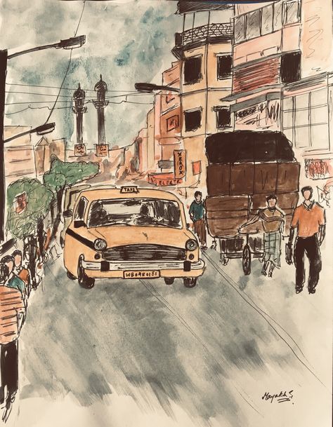 Busy street Kolkata Tram Drawing, Busy Street Drawing, Indian Street Vendors Illustration, Kolkata Street Painting, Busy Street Sketch, Busy Street, Kolkata, Sketch Book, Art