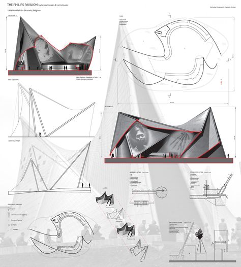 The Philips Pavilion by Iannis Xenakis and Le Corbusier Brussels Architecture Apps, Manhattan Architecture, Architecture Schools, 2018 Mustang, Germany Architecture, Folding Architecture, Conceptual Model Architecture, Concept Models Architecture, Pavilion Architecture