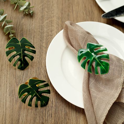 Tropical Leaf Decor, Gold Napkin Rings, Napkin Rings Wedding, Metal Napkin Rings, Gold Napkins, Green Napkins, Graduation Theme, Napkin Holders, Green Theme