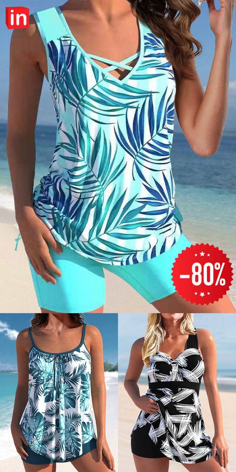 Women's Swimwear Tankini 2 Piece Plus Size Swimsuit Printing Floral Black White Yellow Pink Sky Blue Tank Top Bathing Suits Sports Summer Womens Tankini Swimwear, Yoga Studio Design, Plus Size Swimsuit, Tankini With Shorts, Crochet Swimwear, Trendy Swimsuits, Tankini Swimsuits For Women, Homecoming Dresses Tight