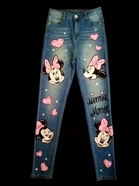 Painted Jeans Disney, Mickey Mouse Jeans, Mickey Jeans, Micky Mouse Jeans, Disney Denim, Jeans Painting, Jean Jacket Design, Custom Jeans Diy, Bling Jeans