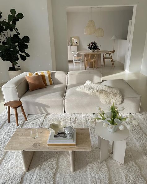 All White Condo Interior, Living Room With White Sofa, Brick Bedroom, L Sofa, White Sofa, Apartment Living Room Design, Dream Apartment Decor, Future Apartment Decor, White Velvet