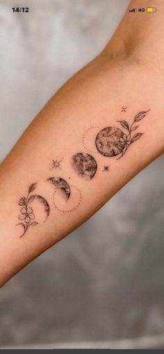 New Moon Phase Tattoo, Moon Phases Tattoo Arm Band, Lunar Phase Tattoo, Floral Moon Phases Tattoo, Moon Phases Tattoo Arm, Full Moon Tattoo Designs, Floral Moon Tattoo, New Moon Tattoo, Lunar Tattoo