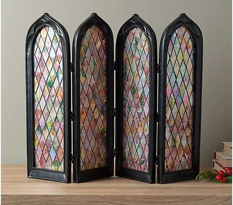 This decorative stained glass screen makes a great accent piece for your living room, dining room, or foyer. From the Valerie Parr Hill Collection. Stained Glass Fireplace Screen, Victorian Stained Glass Panels, Cathedral Mirror, Glass Fireplace Screen, Valerie Parr Hill, Fireplace Screen, Goth Home Decor, Decorative Screens, Stained Glass Panels