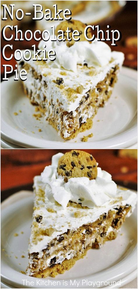 Slice of Easy No-Bake Chocolate Chip Cookie Pie Desserts Gluten Free, Chocolate Chip Cookie Pie, Desserts With Chocolate Chips, Chocolate Chip Pie, Cookie Deserts, Chilled Desserts, Chips Ahoy, Easy Pie Recipes, Easy Chocolate Chip Cookies