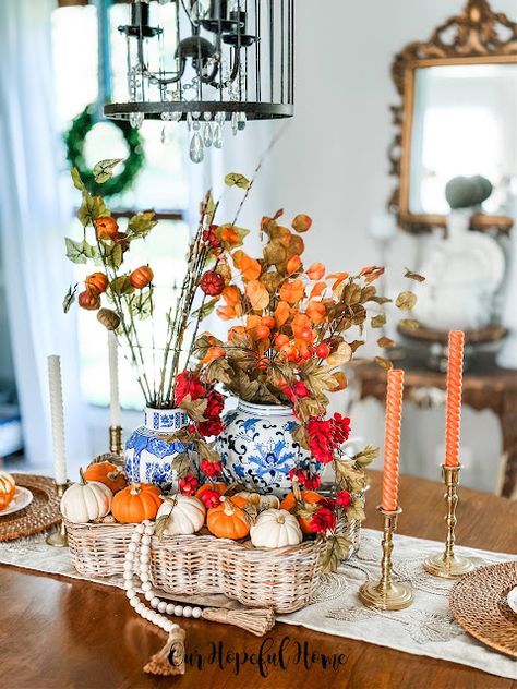 Chinoiserie Fall Tray Decor Blue And Orange Fall Decor, French Farmhouse Dining Room, White Taper Candles, Orange Fall Decor, Fall Tray Decor, Blue Fall Decor, Chinoiserie Pumpkins, Fall Tray, Chinoiserie Ginger Jars