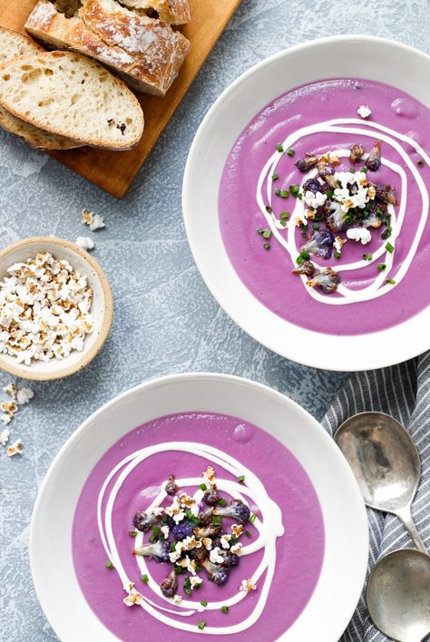 Violet Blue Aesthetic, Cauliflower Sweet Potato Soup, Popped Sorghum, Lent Food, Cauliflower Sweet Potato, Gaz Oakley, Simple Soups, Soup Party, Luscious Recipes