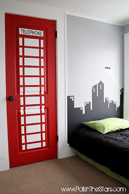 How cute is this? For this boy's superhero room, the closet door was painted to look like a phone booth! Bat signal over Gotham City behind bed :) #decor #bedrooms #home    this is cute but I think the room should stay with one superhero theme, not superman and also batman. Teenage Girl Room Ideas, London Room, Teenage Girl Room, Superhero Bedroom, Boys Closet, Door Wraps, Superhero Room, Room London, Telephone Booth