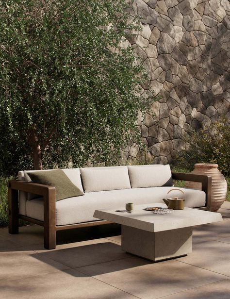 Lumi Indoor / Outdoor Sofa by Amber Lewis x Four Hands Wooden Outdoor Sofa, Outdoor Sofa Ideas, Modern Outdoor Sofa, Restoration Hardware Outdoor, Contemporary Outdoor Living, Fireplace Furniture, Modern Outdoor Sofas, Sofa Outdoor, Long Bench