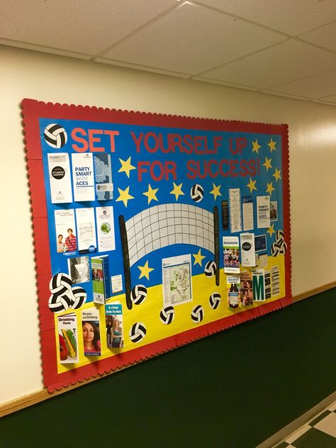 Set Yourself Up For Success Bulletin Board #volleyball #bulletinboard Volleyball Classroom Theme, Tennis Bulletin Board, Athletic Bulletin Board Ideas, Sports Day Bulletin Board Ideas, Volleyball Bulletin Board Ideas, Baseball Classroom, Sports Bulletin Boards, Volleyball Decorations, Pe Bulletin Boards