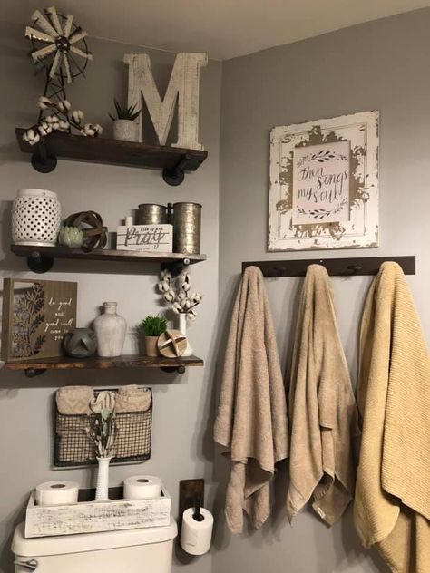 Boho Chic Bathroom, Powder Room Remodel, Half Bathroom Decor, Bathroom Storage Hacks, Bathroom Decor Signs, Bathroom Shelf Decor, Clear Bins, Bathroom Decorating Ideas, Themed Bathroom