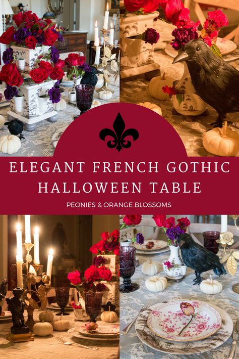 Elegant French gothic Halloween table decor inspired by the Phantom of the Opera Outside Halloween Decorations, Fall Apartment Decor, Halloween Kitchen Decor, French Gothic, French Vintage Decor, The Phantom Of The Opera, Halloween Table Decorations, Timeless Interiors, Fall Table Settings