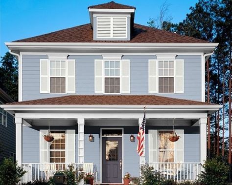 Exterior paint colors for house with brown roof 25 Grey Shutters, House With Brown Roof, Light Blue Houses, Dark Blue Houses, Brown Roofs, Paint Colors For House, Colors For House, Best Exterior Paint, House Shutters