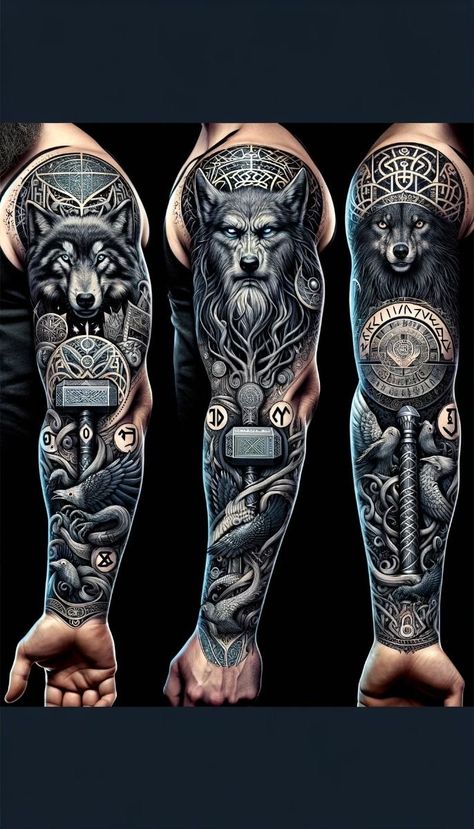 Left Sleeve Tattoo, Odin And Thor Tattoo, Yggdrasil Tattoo Sleeve, Wolf And Raven Tattoo Design, Nordic Gods Tattoo, Viking Gods Tattoo, Nordic Sleeve Tattoo, Viking Raven Tattoo Ideas, Nordic Arm Tattoo