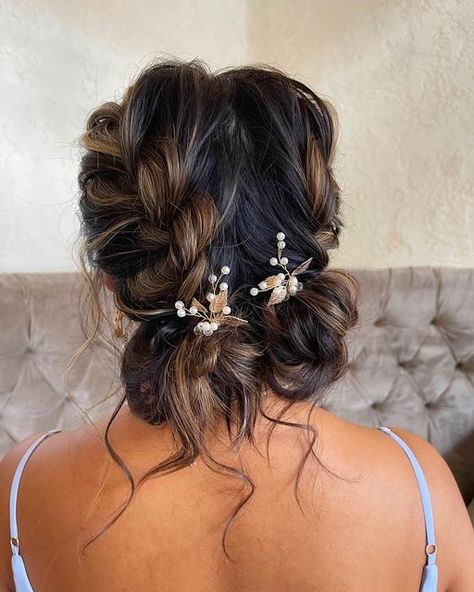 Space Bun Wedding Hairstyle, Double French Braid Updo, Bridesmaid Hairstyles Space Buns, Wedding Space Buns Hairstyle, Hoco Hairstyles For Short Hair Updo, Bridesmaid Hair Space Buns, Space Bun Bridal Hair, Pretty Bridesmaid Hair, Bridesmaid Ponytail Hairstyles Short Hair