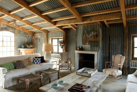 French Farmhouse with Corrugated Metal - this a bit more than a "project" but we <3 this home! Corrugated Tin, Shed Interior, Rustic Industrial Decor, Design Blogs, Shed Homes, Corrugated Metal, Building A Shed, Metal Ceiling, Metal Building Homes