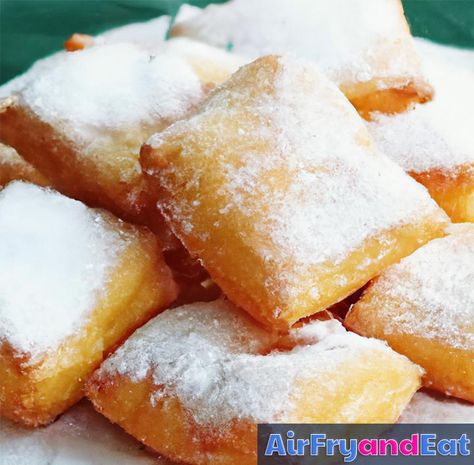 Air Fryer Beignets: Best Version (Easy) + Tips | AirFryAndEat Beniegts Air Fryer, Easy Beignets Recipe, Air Fried Beignets, Air Fryer Beignets Easy, Beignets Air Fryer, Air Fried Desserts, Air Fryer Beignets, Beignets Easy, Cajun Thanksgiving