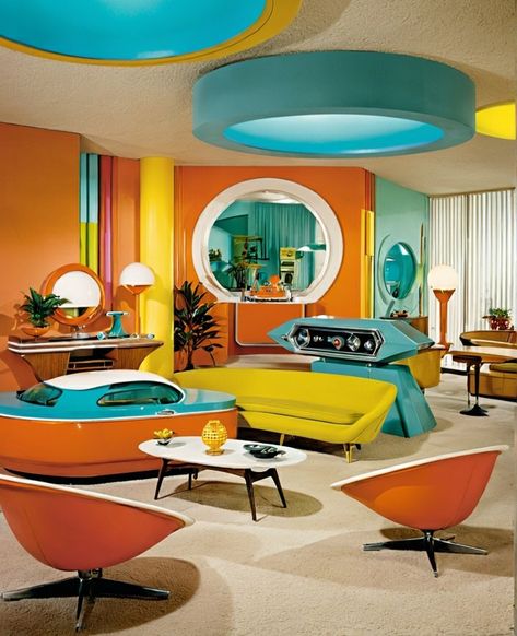 50s Office Decor, Retro Future Furniture, 60s Mod Aesthetic Decor, Futuristic Retro Interior, Retro Futuristic Bathroom, Mid Century Futurism, 60s Furniture 1960s Interior Design, Retro Futurism Home, 60s Futurism Interior