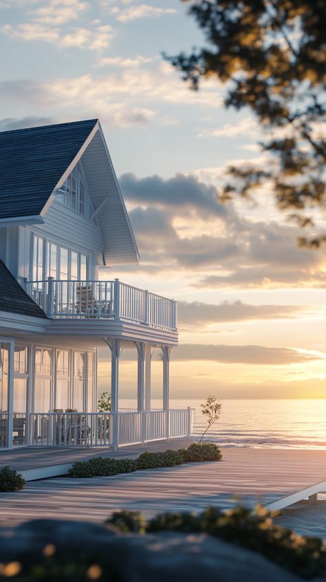 Stunning Beach House with a Deck Embracing the Ocean View Balcony Overlooking Ocean, Beach House Blue, White Beach House, Houses By The Beach, Small Beach Houses, White Beach, Beach Houses, Interior Trend, Beach Glass