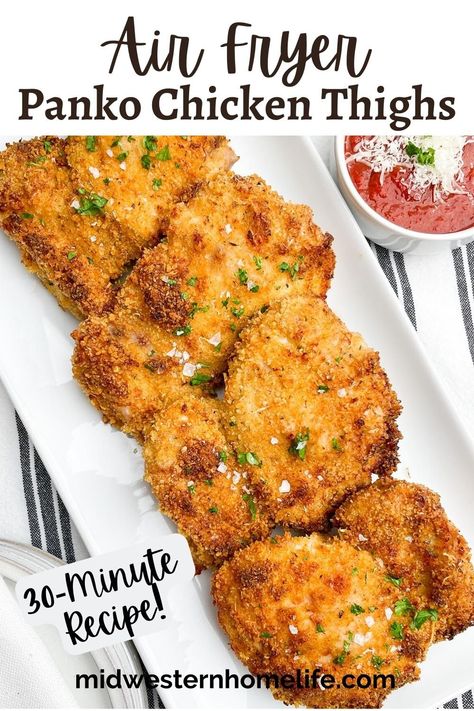 Air Fryer Panko Chicken Thighs are tender and juicy with an irresistible crunchy coating -- and a great way to enjoy crispy fried chicken without all the oil. Easy 30- minute weeknight dinner the whole family will love. Panko Chicken Thighs, Air Fryer Panko Chicken, Fried Chicken Thighs Boneless, Breaded Chicken Thighs, Air Fryer Recipes Chicken Thighs, Panko Chicken, Air Fryer Fried Chicken, Air Fryer Chicken Thighs, Crispy Chicken Thighs