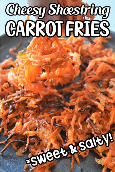 You only need 5 ingredients to make these incredible Cheesy Shoestring Carrot Fries. Shredded carrots, olive oil, Parmesan cheese with a little salt and pepper are delicious and healthy combination!  Every taste is naturally sweet from the carrots, covered in parmesan cheese and perfect for all occasions. This is an amazing side dish that goes well with steak, chicken, fish and vegetarian burgers! Grated Carrots Recipes, Carrot Hashbrown, Ways To Use Shredded Carrots, Carrot Shavings Recipe, Matchstick Carrot Recipes, Shredded Carrots Recipes, Shredded Carrot Recipes, Carrots Fries, Shredded Carrot Recipe