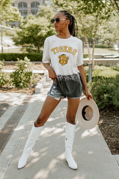 Missouri Tigers Apparel - Gameday Couture – GAMEDAY COUTURE | SOCIAL HOUSE Southern Miss Golden Eagles, Gameday Couture, Houston Cougars, Day Outfits, Bleach Dye, Chic Blouses, Georgia Bulldogs, North Dakota, Vintage Logo