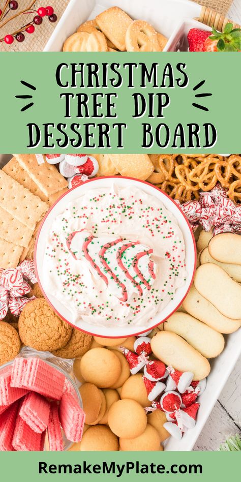 Quick Easy Charcuterie Board, Dessert Charcuterie Board With Icing, Christmas Charcuterie Board Ideas Dessert, Christmas Dessert Dip Board, Hot Chocolate Dip Charcuterie Board, Christmas Tree Dessert Dip, Desert Charcuterie Board Easy, Desert Dip Charcuterie Board, Little Debbie Tree Dip