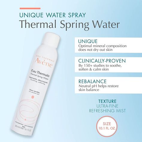 Eau Thermale Avene Thermal Spring Water, Soothing Calming Facial Mist Spray for Sensitive Skin Avene Thermal Spring Water, Fix Makeup, Thermal Spring Water, Thermal Water, Water Benefits, Thermal Spring, Face Mist, Facial Mist, Mist Spray