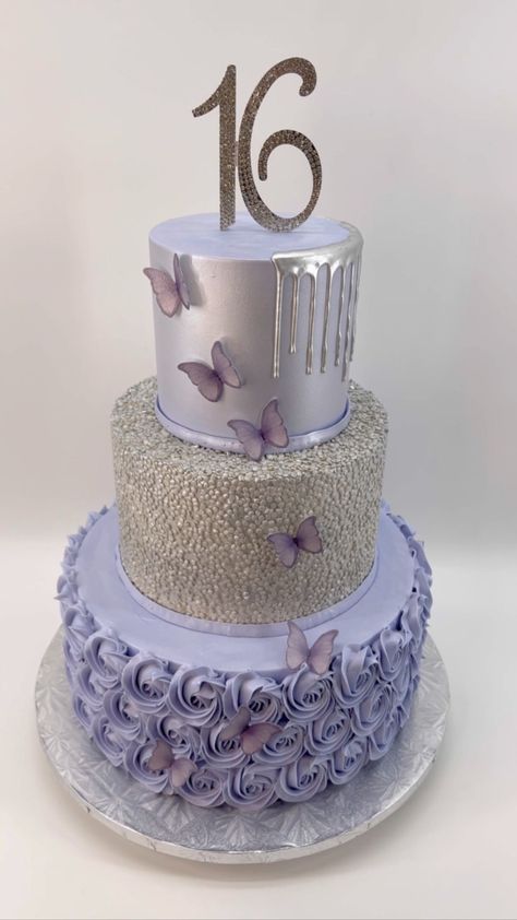 Purple Sweet 16 Cakes, Sweet 16 Shoes, Quinceañera Cakes, Purple Butterfly Cake, Purple Sweet 16, Sweet Sixteen Cakes, 15th Birthday Cakes, Purple Quinceanera Dresses, How To Stack Cakes