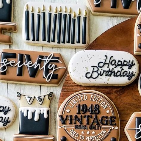 SJ Cookiez on Instagram: "Vintage and aged to perfection. 75 is a great thing to celebrate! . . . #vintagecookies #agedtoperfectioncookies #75thbirthdaycookies #masculinecookies #cookiers #cookieart #cookielove #cookies #cookier #cookiedecorating #sugarcookiemarketing #sugarcookies #sjcookiez #jacksonvillecookies #jaxbaker #jaxeats #jaxcookies #duvalbaker #duvalcookies" 80th Birthday Cookies Decorated Men, Men Birthday Cookies Decorated, 75 Birthday Cookies, 55th Birthday Cookies, Aged To Perfection Cookies Decorated, 75th Birthday Cookies Decorated, Men Birthday Cookies, 65th Birthday Cookies, Vintage Birthday Cookies