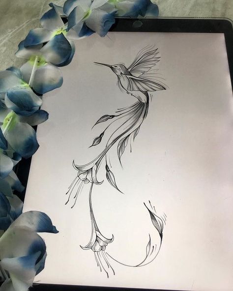 Hummingbird Flower Drawing, Hummingbird Neck Tattoo, Feminine Bird Tattoos, Hummingbird Butterfly Tattoo, Hummingbird Back Tattoo, Humming Bird Tattoo Design, Flower Sketch Tattoo, Floral Bird Tattoo, Hummingbird And Flower Tattoo