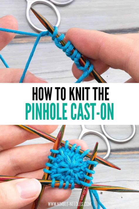 A step by step tutorial on how to knit the pinhole cast-on. A super smart cast-on method to start projects in the round, such as doilies or pets. Also includes instructions for the pinhole cast-on with a crochet hook. Pinhole Cast On, Knit Easy Pattern, Knitted Cast On, Knooking Tutorial, Knitting In The Round, Cast On Knitting, Double Pointed Knitting Needles, Knitting Hacks, Knitting Help