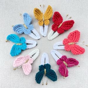 HyggeMaiden - Etsy UK Crochet Clips, Crocheted Butterfly, Hair Snap Clips, Colourful Crochet, Hair Snap, Red Watermelon, Blue Emerald, Watermelon Red, Crochet Butterfly