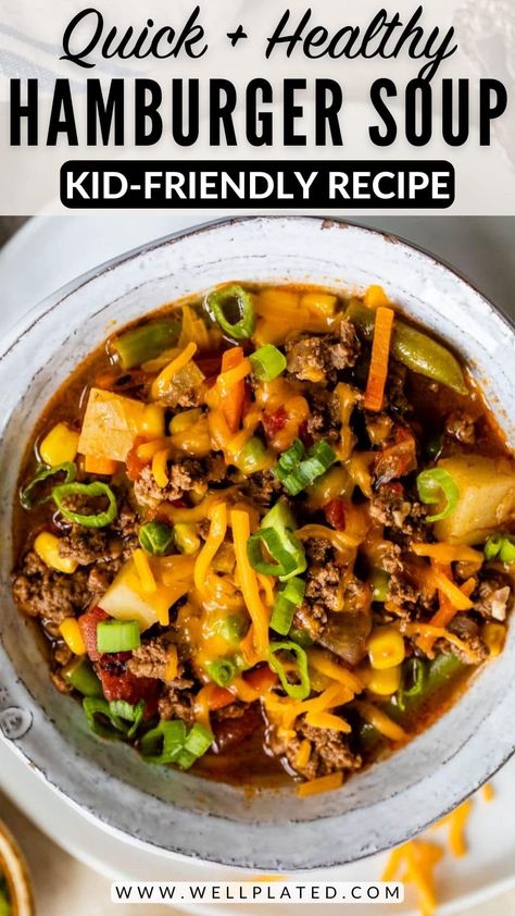 Loaded with ground beef, potatoes, vegetables, and melty cheese, this easy hamburger soup recipe will be a hit with the entire family! Hearty Hamburger Soup, Meat Soups, Southwestern Soup, Ground Beef Potatoes, Hamburger Soup Recipe, Turkey Ground, Easy Dinners For Kids, Easy Hamburger Soup, Healthy Hamburger