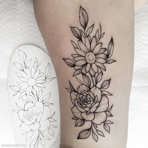 Daisy Half Sleeve Tattoos For Women, Rose And Daisy Tattoo Half Sleeves, Daisy And Roses Tattoo, Daisies And Roses Tattoo, Rose And Daisy Tattoo Design, Rose And Daisy Bouquet Tattoo, Rose Daisy Tattoo, Flower Tattoo Shading, Rose Floral Tattoo Design