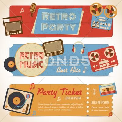 Banners Music, Banner Clip Art, Interactive Web Design, Retro Graphic Design, Party Tickets, Ticket Design, Graph Design, Music Party, Retro Party