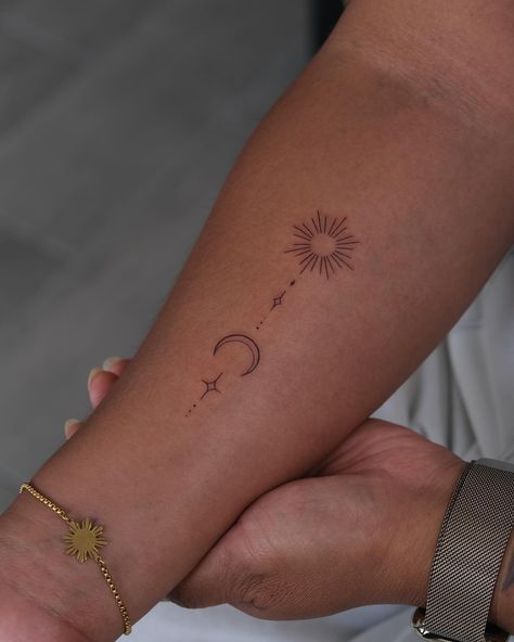 sun & moon ornaments 🌙☀️ simple yet special ✨ Inkpressstudio.com to book Located in San Francisco . . . . . Bay Area tattoo single needle design female micro minimalist ornamental jewelry fine line tiny feminine floral black work ideas female inspo script #minimalisttattoo #singleneedletattoo #finelinetattoo #sanfranciscotattoo #ornamentaltattoo Line Script Tattoo, Fine Line Script Tattoo, Ornamental Jewelry, Tattoo Single Needle, San Francisco Tattoo, Ornaments Simple, Script Tattoo, Single Needle Tattoo, Tattoo Script