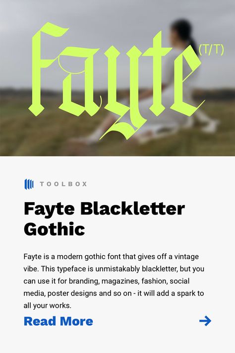 Fayte is a modern gothic font that gives off a vintage vibe. This typeface is unmistakably blackletter, but you can use it for branding, magazines, fashion, social media, poster designs and so on - it will add a spark to all your works. Modern Blackletter Font, Free Gothic Fonts, Gothic Font Design, Medieval Typeface, Linocut Lettering, Witchy Fonts, Gothic Graphic Design, Modern Gothic Font, Black Letter Font