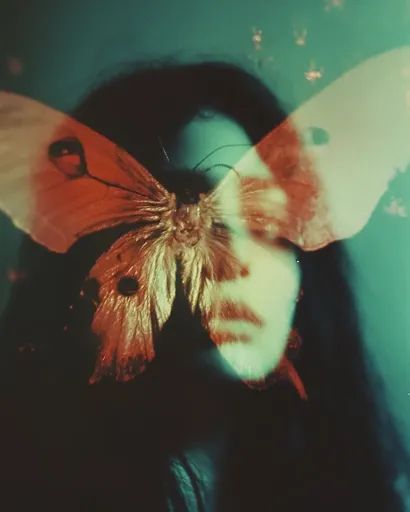 ↑↑↑ Larger size on website 🔸 A woman's face is partially obscured by a large butterfly. The image is shot in a vintage, faded sty Human Butterfly, Butterfly People, Ethereal Nature, Butterfly Eyes, Fade Styles, Largest Butterfly, Teal Color, A Butterfly, Butterfly Wings