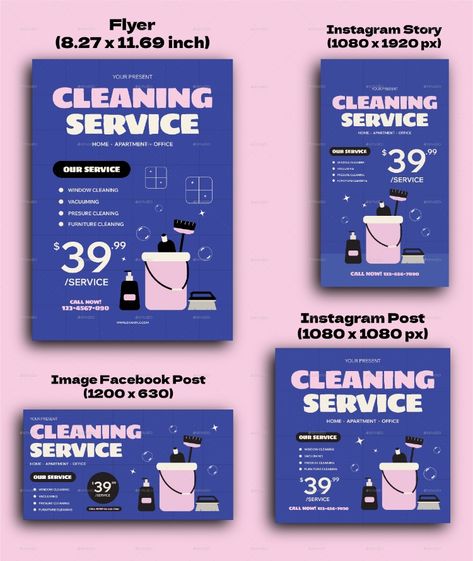 Blue Flat Cleaning Service Flyer Set Flyer Design Cleaning Services, Cleaning Flyer Ideas, Cleaning Poster, Cleaning Services Flyer, Building Cleaning Services, Company Brochure Design, Cleaning Flyers, Cleaning Service Flyer, Typographic Poster Design