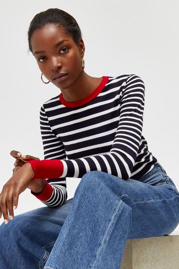 Warehouse, CONTRAST BRETON STRIPE JUMPER Navy 1 Stripe Jumper, Black And White Cardigans, Best Teacher Ever, Cotton Jumper, Color Block Sweater, Textured Knit, Knit Fashion, Mode Inspiration, Best Teacher