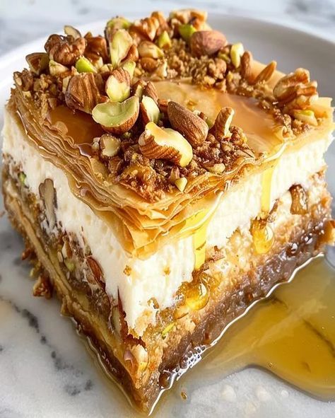 Baklava Cheesecake Recipe, Honey Baklava, Optimal Recipes, Baklava Cheesecake, Baklava Recipe, Recipes With Few Ingredients, Greek Desserts, Phyllo Dough, Unique Desserts