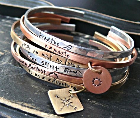 30 Dazzling Gifts for the Jewelry-Obsessed: 2016 Etsy Gift Guide Bracelets Stacking, Metal Stamped Jewelry, Stamped Metal, Stamped Bracelet, Custom Bracelet, Personalized Bracelet, Photo Charms, Hand Stamped Jewelry, Personalized Bracelets