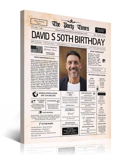 Personalized 50th Birthday Decoration Newspaper Poster Sign, Back In 1974 Framed Custom Canvas Prints, Vintage 50th Birthday Gift for Men or Women, Custom Photo Birthday Gift for Daddy-12x16” Fathers 50th Birthday Ideas, Creative 50th Birthday Gifts, 50 Birthday Party Ideas For Men, Father Birthday Party Ideas, 50th Birthday Party Decorations For Men, 50th Birthday Decoration Ideas For Men, 65 Birthday Decorations, Back In 1974, 50th Birthday Party Ideas For Men