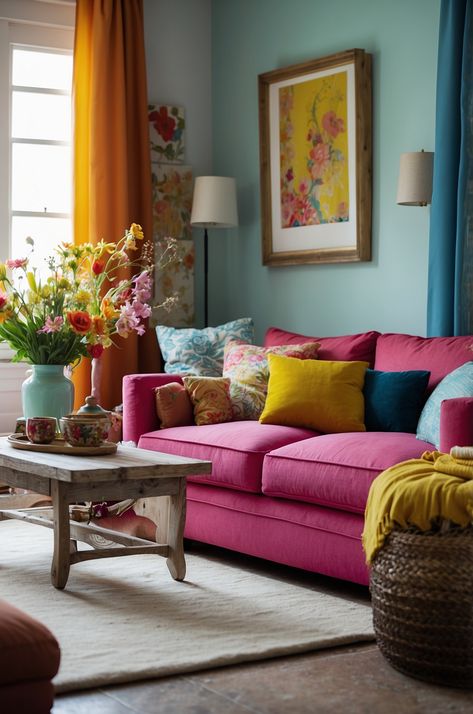 30 Stunning and Colorful Living Room Ideas You Haven't Seen Before! » Comfy Ideas Pink Living Room Color Scheme, Purple Couch Living Room Decor, Colorful Traditional Home Decor, Bright Colorful Living Room Ideas, Dopamine Decor Living Room, Cozy Colorful Living Room, Colorful Cottage Interiors, Pink And Blue Living Room, Artist Living Room