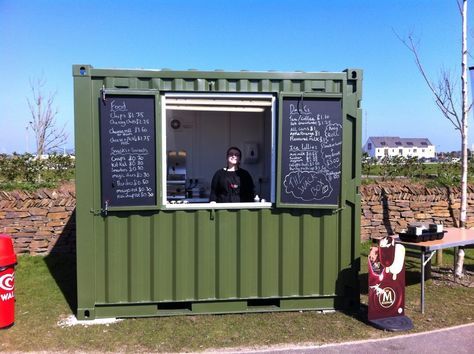 A 10ft container converted  for Heartlands Cornwall. A kitchen/serving area with outdoor seating. Fully lined and insulated with full electrics, vinyl flooring, personnel access and a serving window. Interesting idea for a portable and secure food kiosk. Container Bars, Menu Blackboard, Serving Window, Shipping Container Restaurant, Shipping Container Cafe, Shipping Container Conversions, Container Coffee Shop, Shipping Container Office, Gerobak Dorong