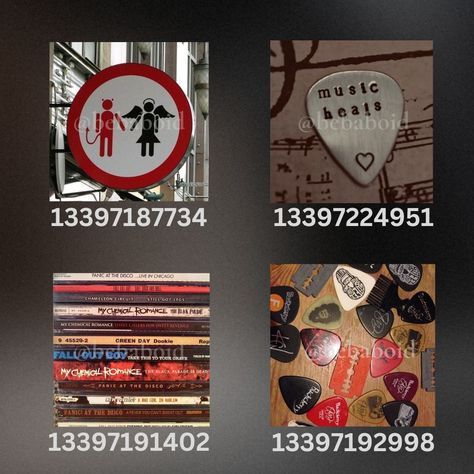 Band Poster Codes For Bloxburg, Roblox Polaroid Decals, Record Roblox Decals, Bloxburg Rock Poster Codes, Bloxburg Music Store Decals, Roblox Poster Codes Music, Bloxburg Rock Decals, Emo Decals Bloxburg, Music Decals Bloxburg