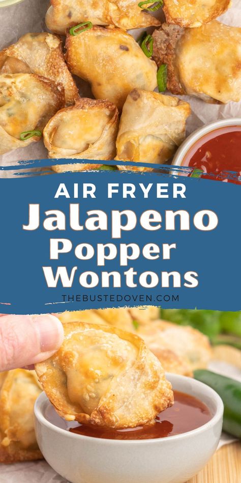 A creamy, cheesy, and spicy jalapeno popper filling wrapped in a crispy wonton. These air fryer jalapeno wontons are quick, easy, and made with simple ingredients. The air fryer makes these wontons extra crispy which complements the spicy jalapeno cream cheese filling. These little wontons are perfect as an appetizer or snack. Serve them up on a platter with your favourite dip and dig in. Jalapeno Wontons, Jalapeno Popper Filling, Jalapeno Popper Wontons, Air Fryer Jalapeno, Jalapeno Wonton Poppers, Jalapeno Cream Cheese, Wonton Appetizers, Wonton Wrapper Recipes, Cream Cheese Wontons