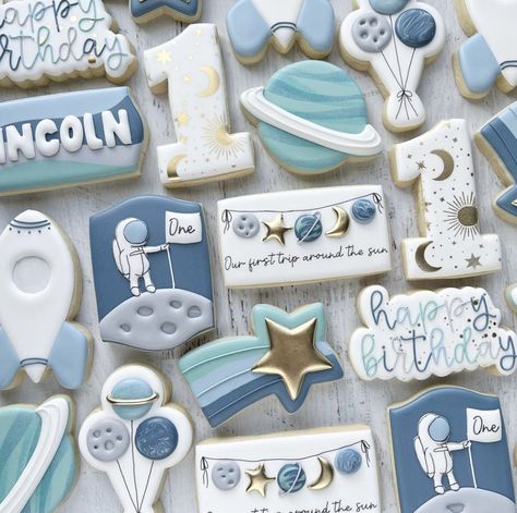 Space 1st Birthday Cookies, Astronaut Birthday Cookies, Space Birthday Cookies Decorated, One Year Around The Sun Cookies, Space Cookies Birthday, Space Cookies Decorated 1st Birthday, First Birthday Space Cookies, 1st Birthday Party Space Theme, Space Royal Icing Cookies